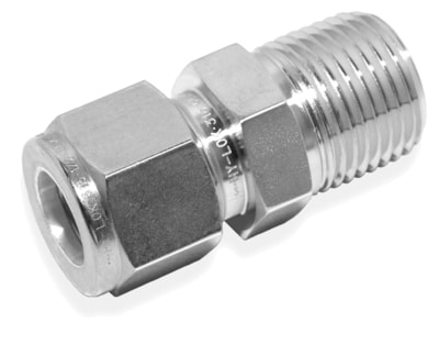 MALE CONNECTOR, 1/4" O.D. - 1/2" NPT, BORED THROUGH, S316